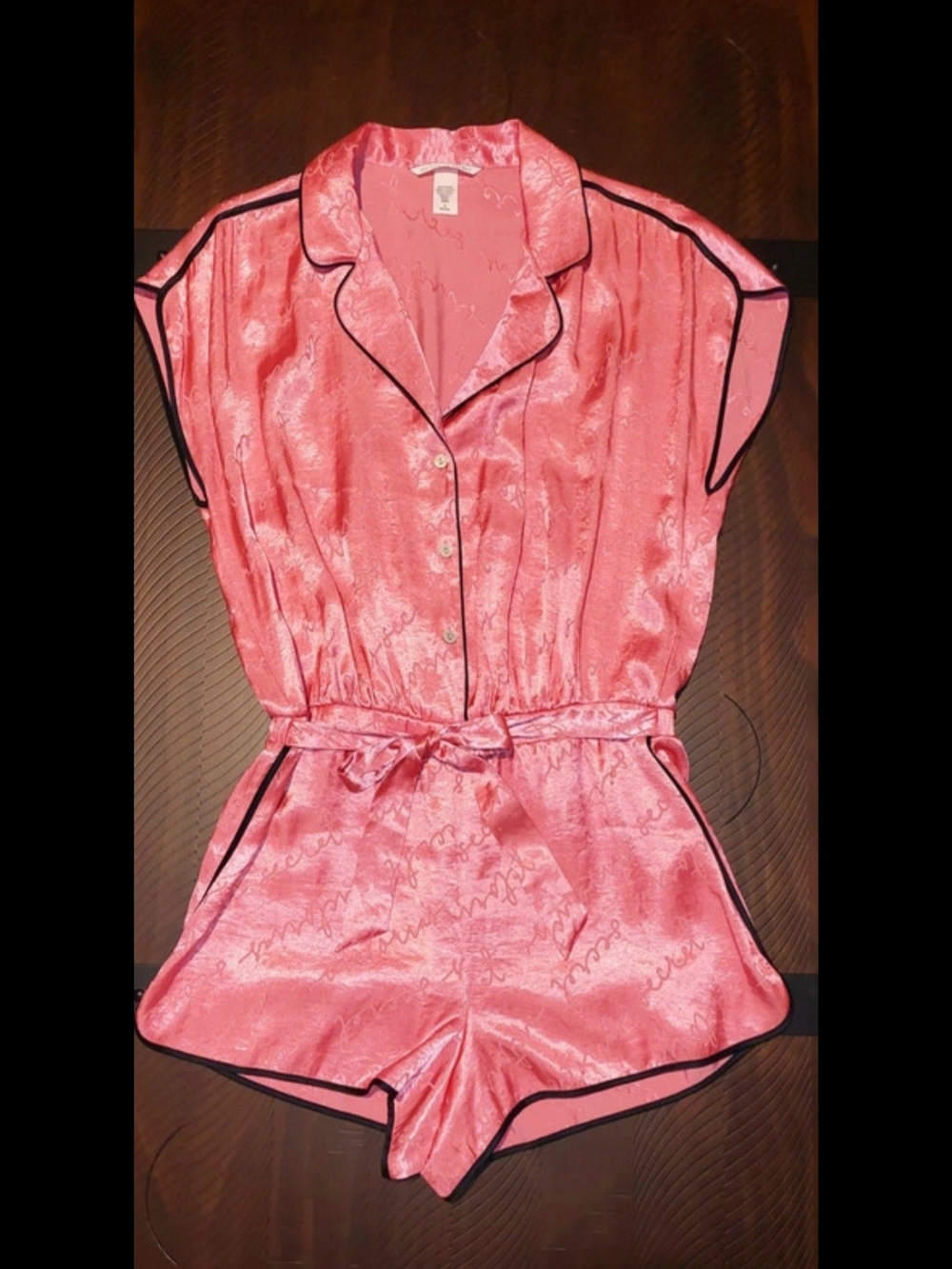 Victoria's Secret Coral Pink Satin Short Romper with Black Piping